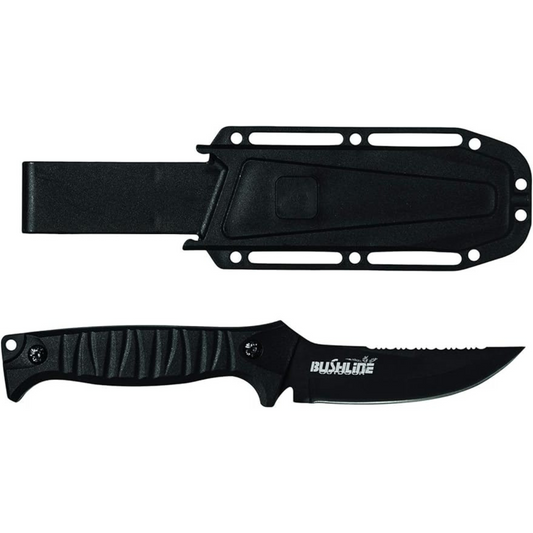 Black knife with sheath on a white background