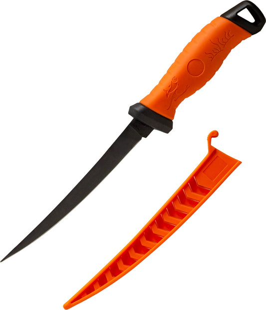Fillet knife with coated stainless steel blade, rubber handle, rope attachment, and case – includes built-in hemorrhage control device for survival use.