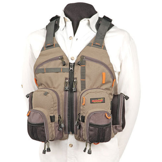 Green mesh fishing vest with multiple pockets – essential fishing gear and accessories for anglers who love to go fishing.