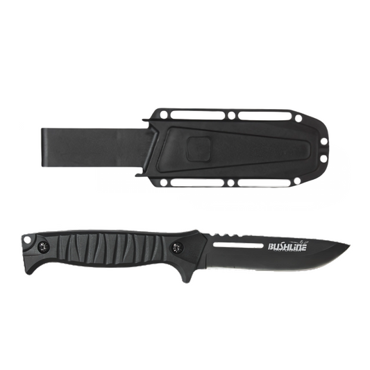 Fixed-blade stainless steel knife with coated, partially serrated blade and hard belt sheath – durable outdoor gear for work or adventure.