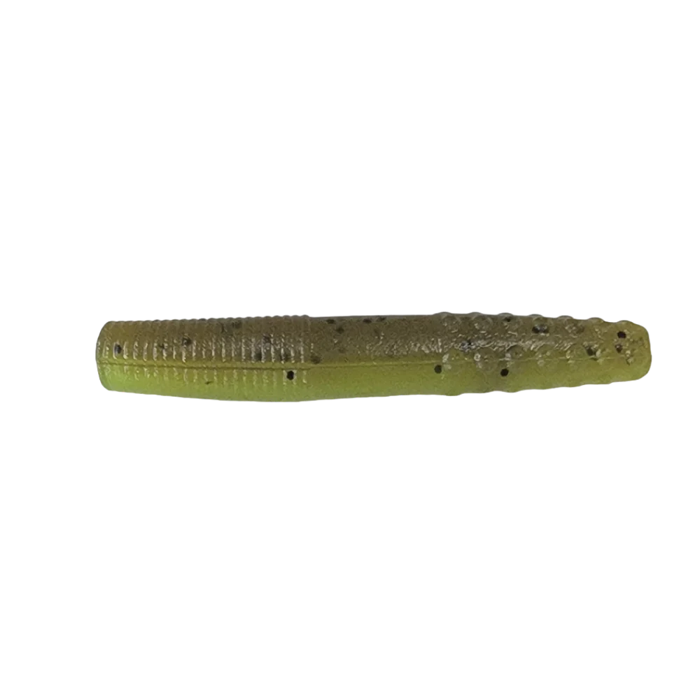 Green and brown fishing lure on a white background