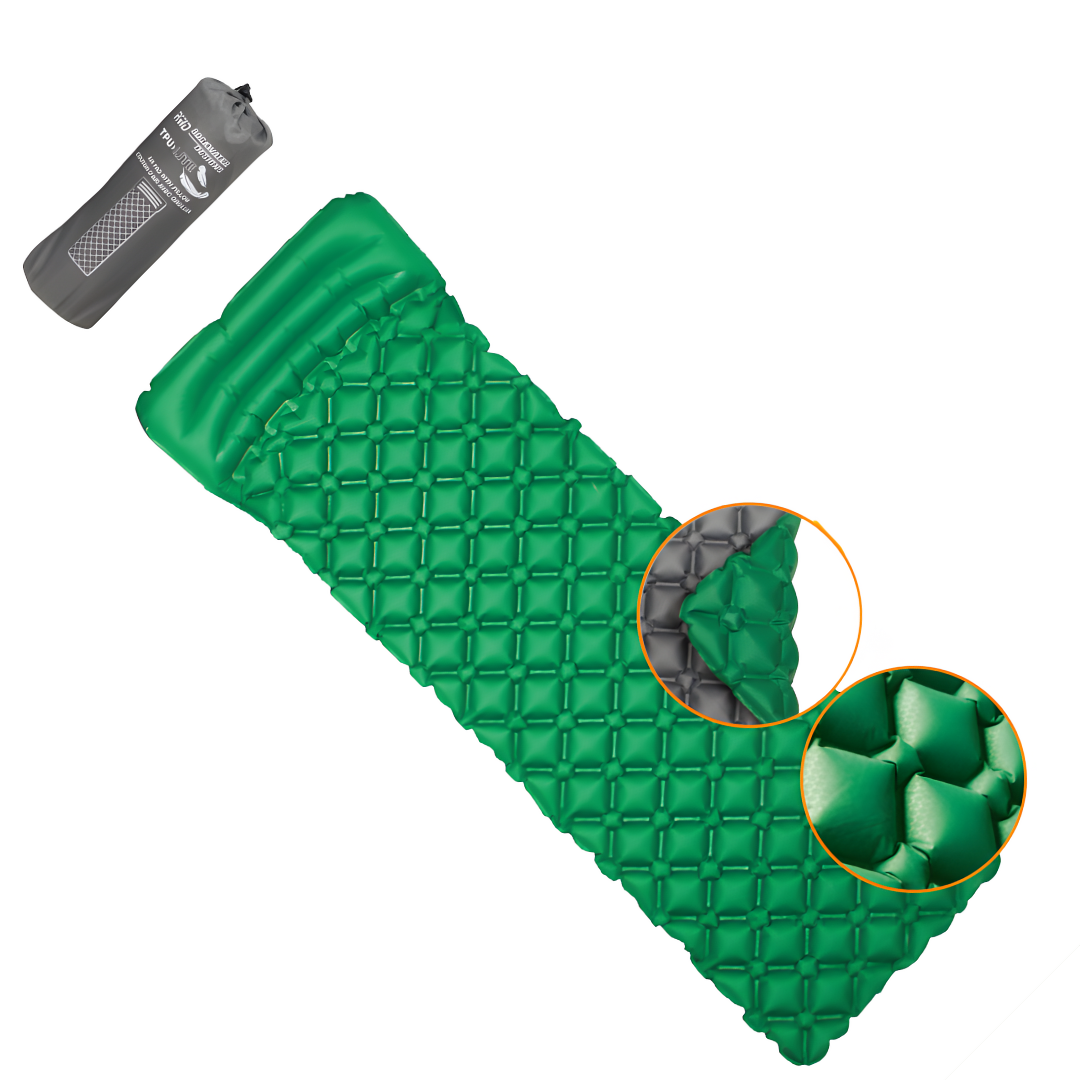 Green inflatable sleeping pad with a lighter on a white background