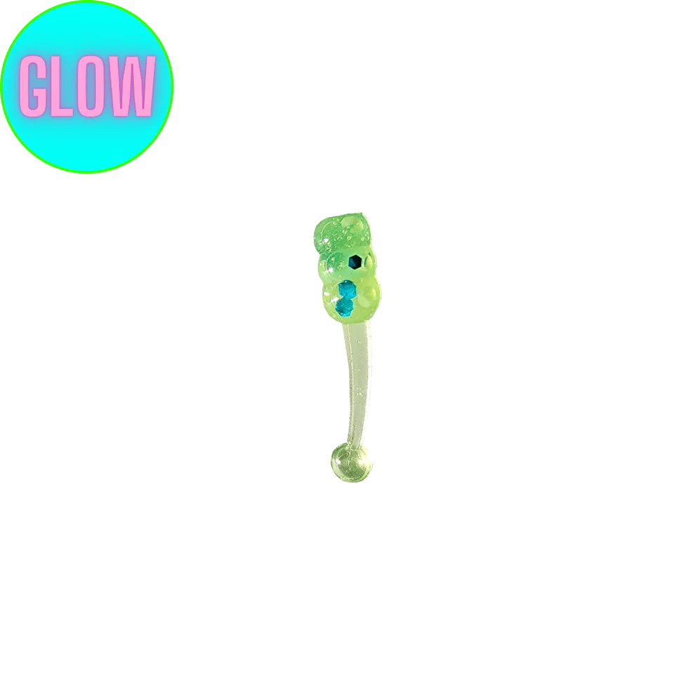 Glowing green grub style fishing lure with 'GLOW' label on a white background