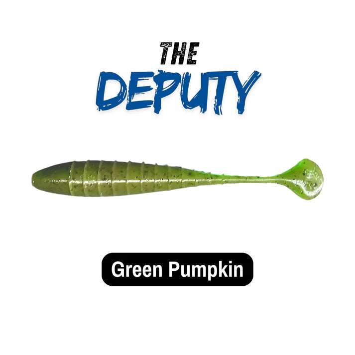 Green pumpkin-colored fluke fishing lure labeled 'The Deputy' on a white background