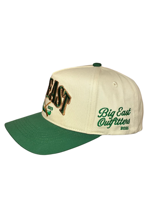 Beige and green cap with 'Big East Outfitters' branding on a white background