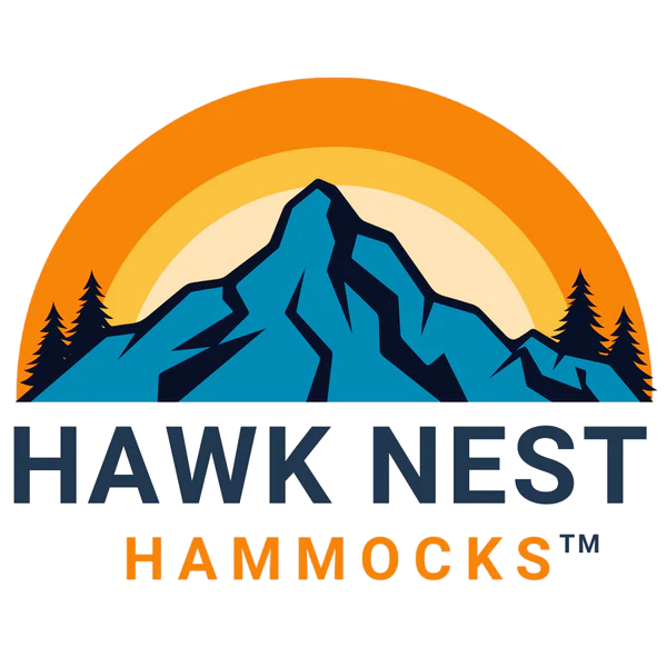 Hawk Nest Hammocks logo with mountain and rainbow design