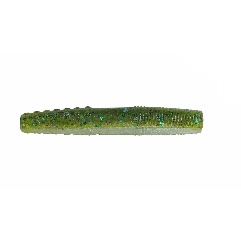 Green ned stick fishing lure with textured surface on a white background