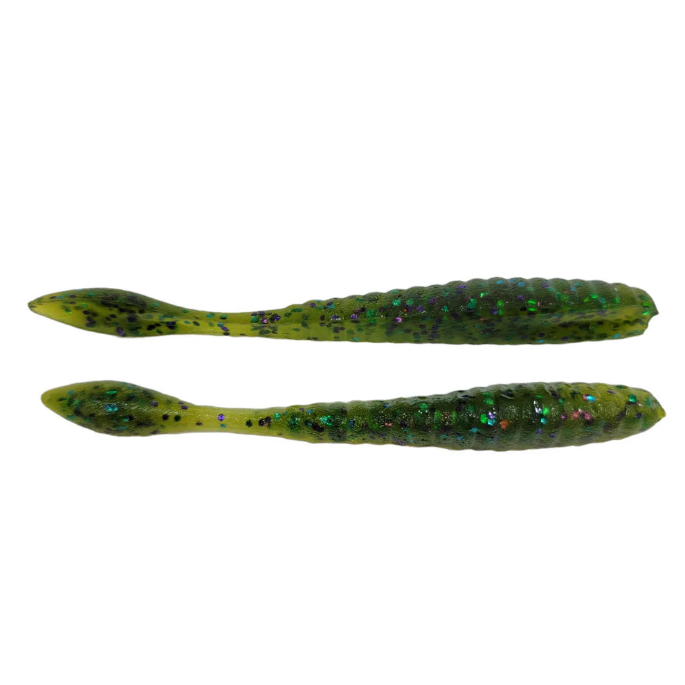worm style green fishing lures with glittery accents on a white background