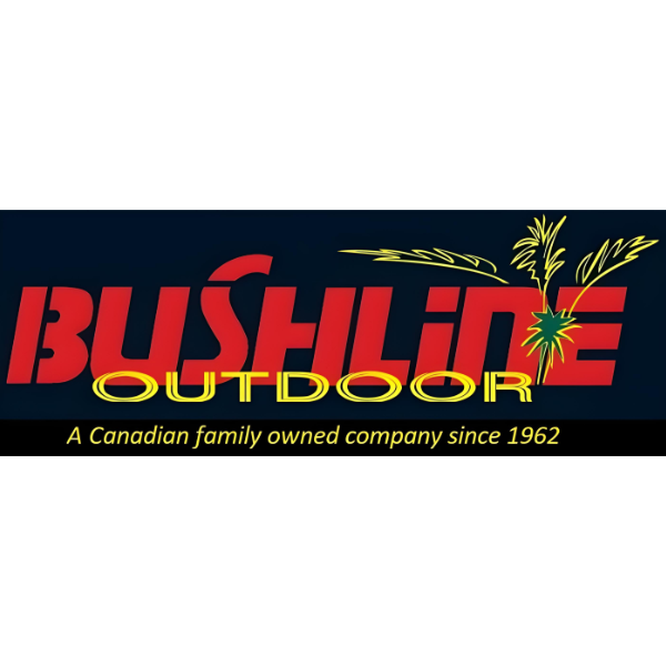 Bushline Outdoor logo with red and yellow text on a black background