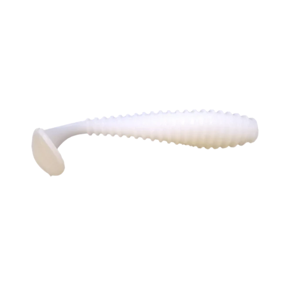 White paddle tail fishing lure on a white background