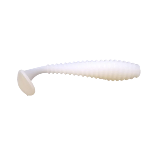 White paddle tail fishing lure on a white background