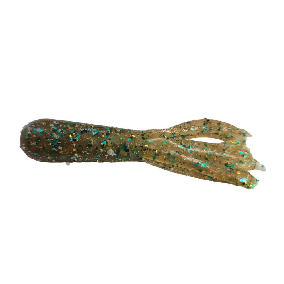 tube Fishing lure with glittery green and gold pattern on a white background