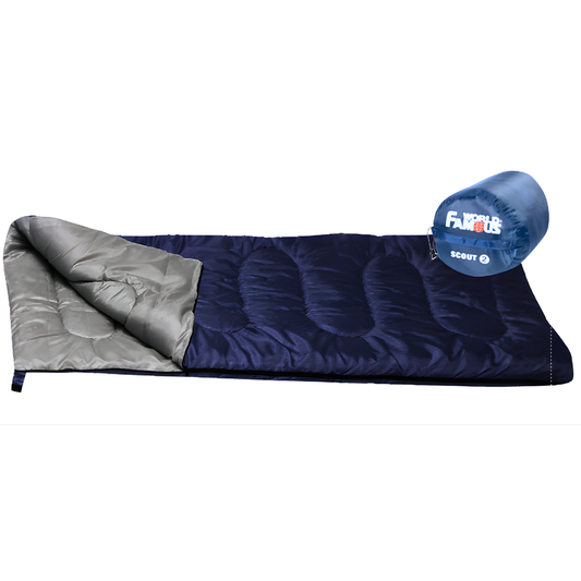 Blue and gray sleeping bag with a tag on a white background